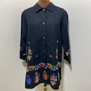 Linea Louis Dell'Olio Button Shirt Blouse Size Small Linen Blend Black Embroider